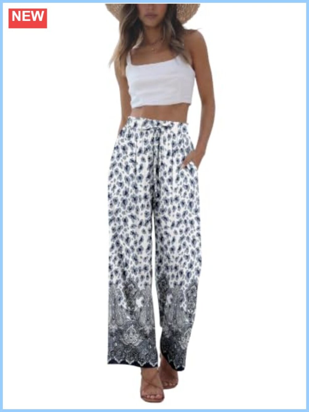 Women's 100% Cotton Wide Leg Palazzo Pants High Waist Drawstring Cropped Beach